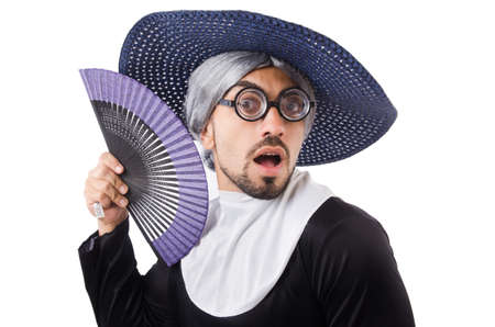 Man wearing nun costume isolated on whiteの写真素材