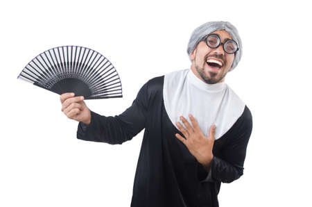 Man wearing nun costume isolated on whiteの写真素材
