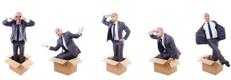 Collage of photos with man and boxesの写真素材