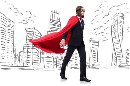 Man in red cover with skyscapers at the backgroundの写真素材