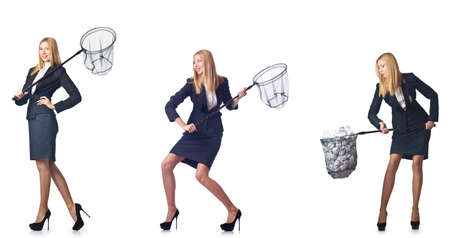 Businesswoman with catching net on whiteの写真素材