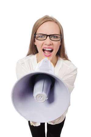 Woman with loudspeaker isolated on whiteの写真素材