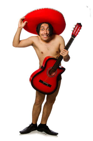 Nude man with sombrero playing guitar on whiteの写真素材