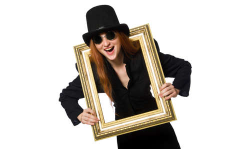 Woman with picture frame isolated on white