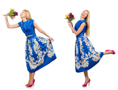 Composite photo of woman with tulips on whiteの写真素材