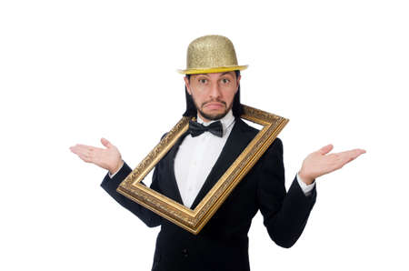 Man with picture frame isolated on white