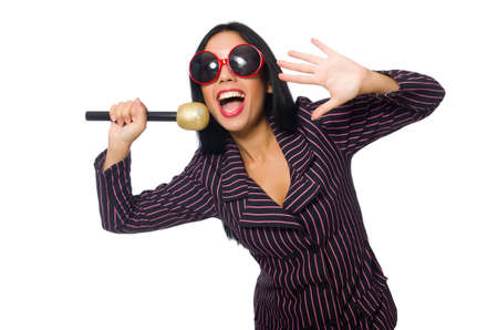 Woman singing in karaoke club isolated on whieの写真素材