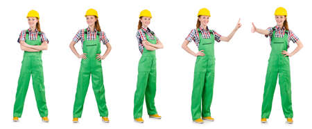 Woman in green coveralls isolated on whiteの写真素材