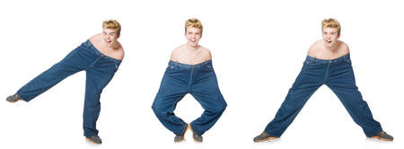 Funny man with trousers isolated on whiteの写真素材