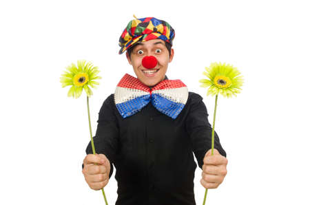 Funny clown with flowers isolated on white