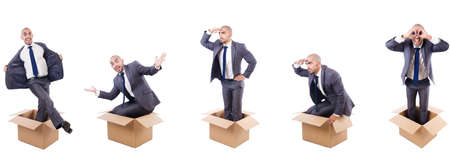 Collage of photos with man and boxesの写真素材