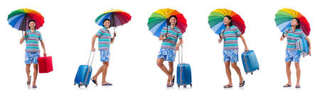 Traveler with red case  and umbrella isolated on whiteの写真素材