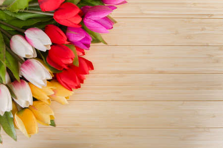 Tulips flowers arranged with copyspace for your textの写真素材