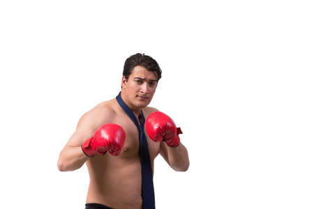 Ripped businessman with boxing gloves isolated on whiteの写真素材