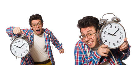 Student with alarm clock isolated on whiteの写真素材