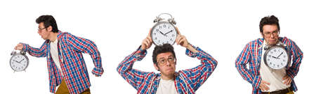 Student with alarm clock isolated on whiteの写真素材