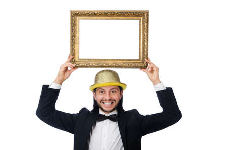 Man with picture frame isolated on whiteの写真素材