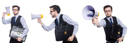 Collage of young businessman with loudspeaker on whiteの写真素材