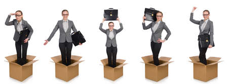 Composite image of woman with boxes on whiteの写真素材