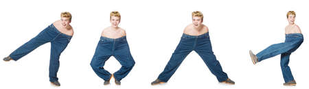 Funny man with trousers isolated on whiteの写真素材