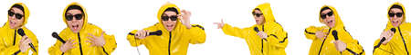 Funny performer with mic isolated on the white