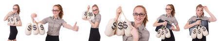 Collage of young businesswoman with money sacks on whiteの写真素材