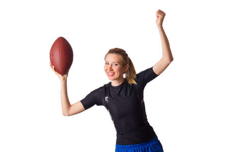 Woman with american football isolated on whiteの写真素材
