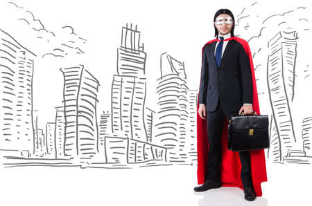 Man in red cover with skyscapers at the backgroundの写真素材