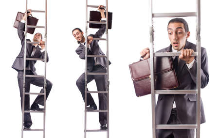Businessman climbing the ladder isolated on whiteの写真素材