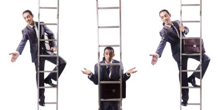 Businessman climbing the ladder isolated on whiteの写真素材