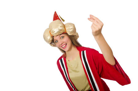 Woman wizard in red clothing isolated on white