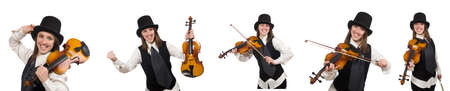 Woman violin player isolated on whiteの写真素材