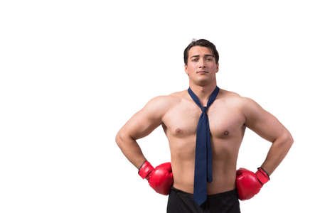 Ripped businessman with boxing gloves isolated on whiteの写真素材