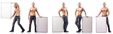 Man with blank poster on whiteの写真素材