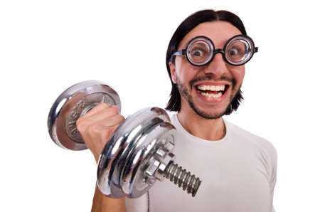 Funny guy with dumbbels on whiteの写真素材