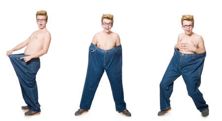 Funny man with trousers isolated on whiteの写真素材