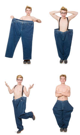 Funny man with trousers isolated on whiteの写真素材