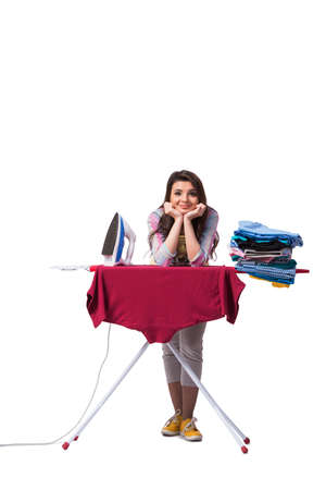Woman ironing clothing isolated on whiteの写真素材