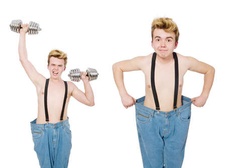 Collage of funny man with dumbbells on whiteの写真素材
