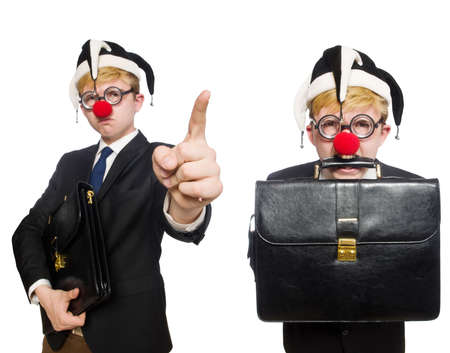 Collage of clown businessman isolated on whiteの写真素材