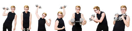 Man with dumbbells isolated on whiteの写真素材