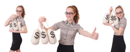 Collage of young businesswoman with money sacks on whiteの写真素材