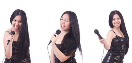 Woman singing in karaoke club in various poses on whiteの写真素材