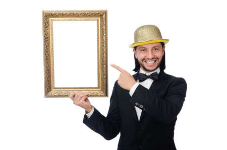 Man with picture frame isolated on whiteの写真素材