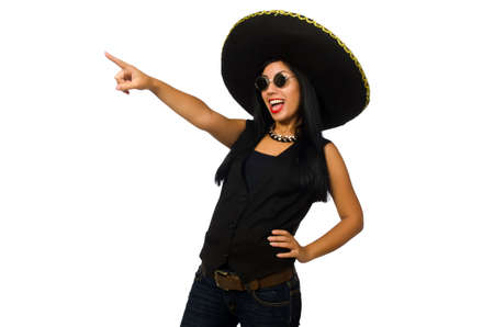 Young mexican woman wearing sombrero isolated on whiteの写真素材