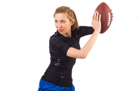 Woman with american football isolated on whiteの写真素材