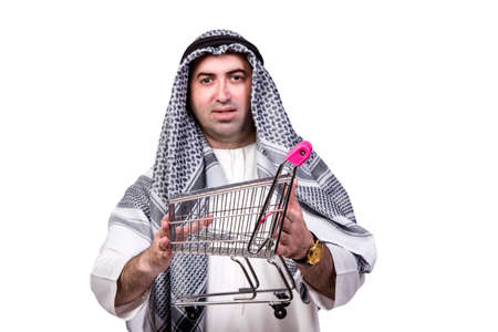 Arab man with shopping cart trolley isolated on whiteの写真素材