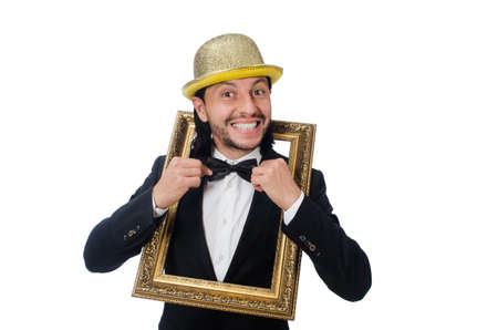 Man with picture frame isolated on white