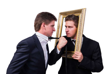 Two twins businessmen arguing with each other isolated on whiteの写真素材