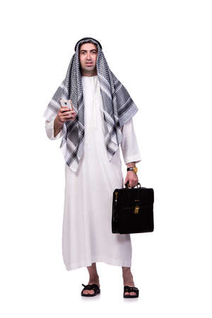 Arab man with his mobile phone isolated on whiteの写真素材